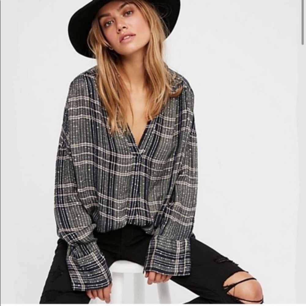 Free People Women's Fearless Love Bell Knit Tunic Green Plaid Metallic -Large